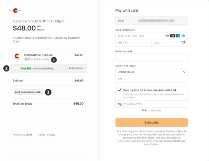 the Stripe checkout for VLOOKUP with the quantity, annual billing, and promotion code options numbered 1 to 3