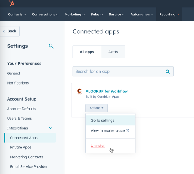 HubSpot’s Connected Apps page with Uninstall selected in VLOOKUP for Workflow’s Actions menu