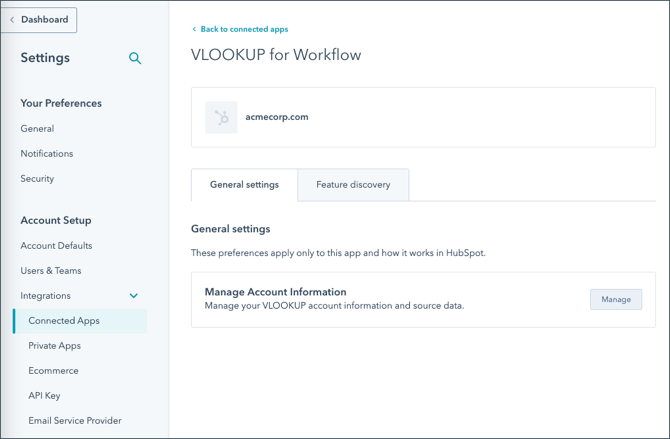 the VLOOKUP for Workflow connected app page with the Manage button