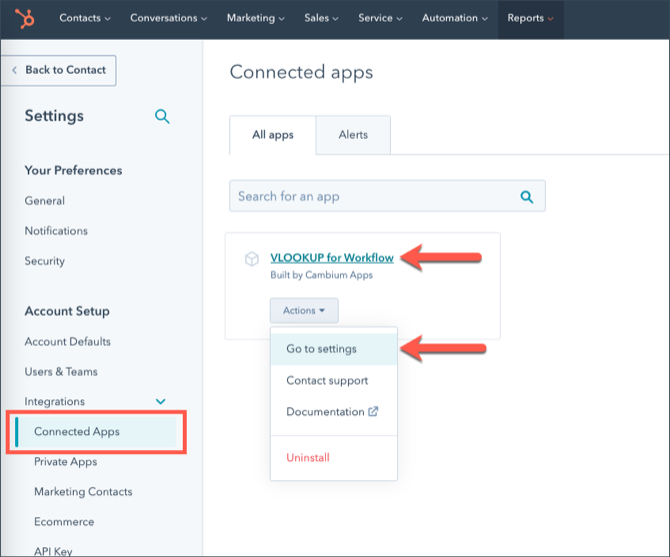 HubSpot’s Connected Apps page with the Actions menu open on VLOOKUP for Workflow