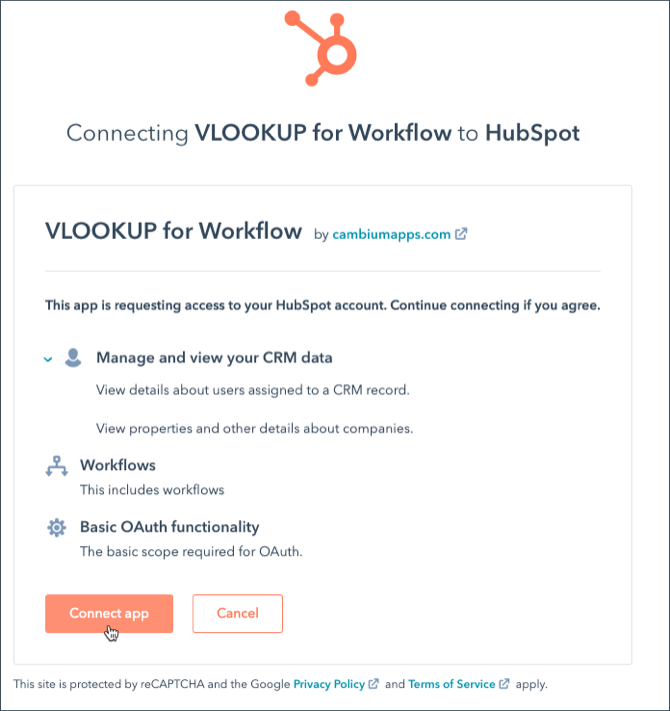 the HubSpot screen asking you to connect VLOOKUP for Workflow to your account
