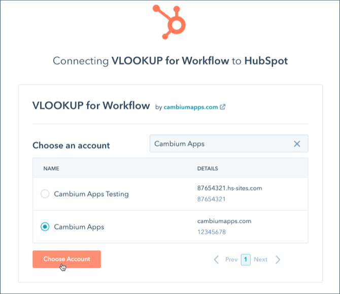 the HubSpot account picker shown while installing VLOOKUP