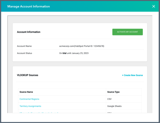 the VLOOKUP settings window showing account status and the list of sources