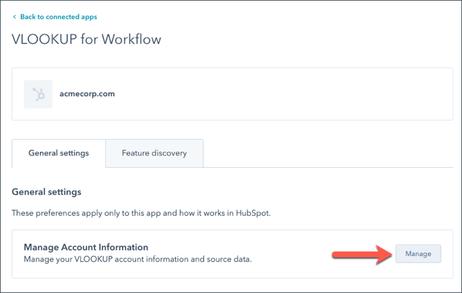 the VLOOKUP for Workflow connected app page with the Manage button