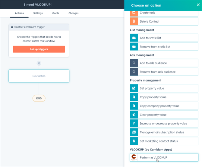 the workflow action list showing the VLOOKUP for Workflow action