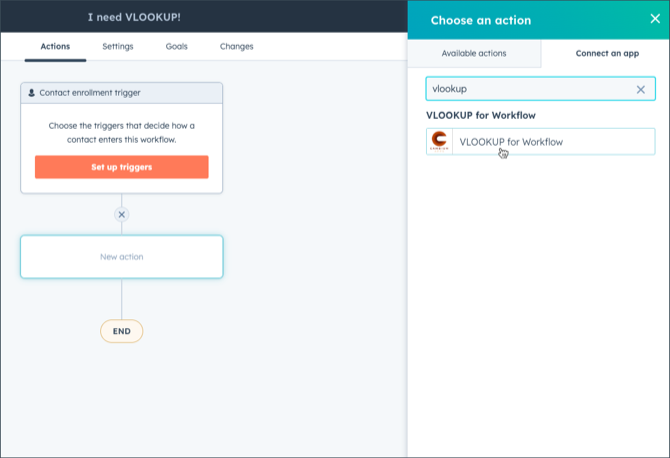 the workflow editor’s Connect an app list with VLOOKUP for Workflow in it
