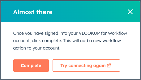 the workflow editor prompt with the Complete button after VLOOKUP is connected