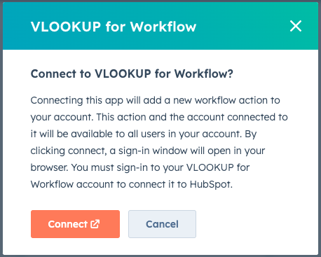 the prompt describing VLOOKUP for Workflow with the Connect button