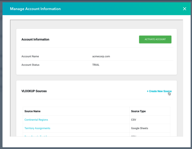 the VLOOKUP sources list with the Create New Source button