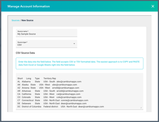 a new CSV source with territory data pasted in, headers in the first row and state codes in the first column