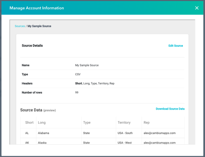 a saved CSV source showing a preview of its rows