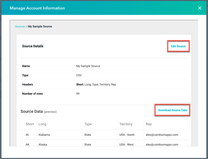 a CSV source’s details with the Download Source Data link and the Edit Source button