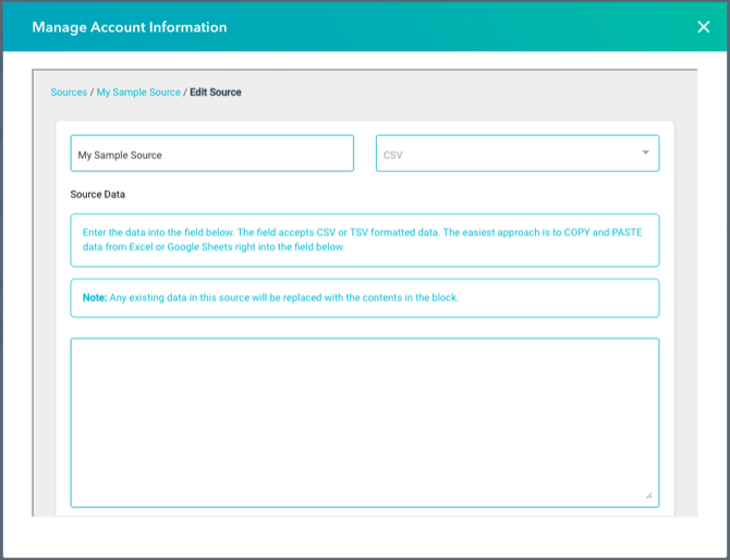 the Edit Source page with an empty data box