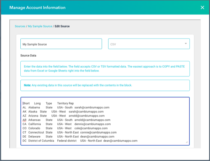the Edit Source page with updated territory data pasted in