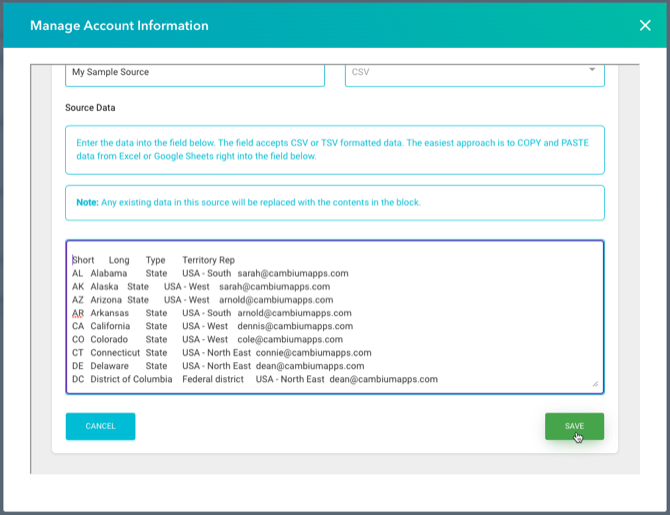 the CSV source preview showing the updated rows
