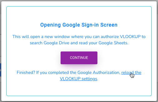 the confirmation that Google is connected, asking you to reload the VLOOKUP settings