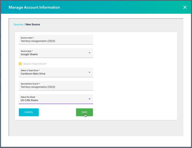 the completed Google Sheets source form ready to save