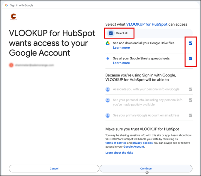 the Google consent screen with Select all ticked for every VLOOKUP permission