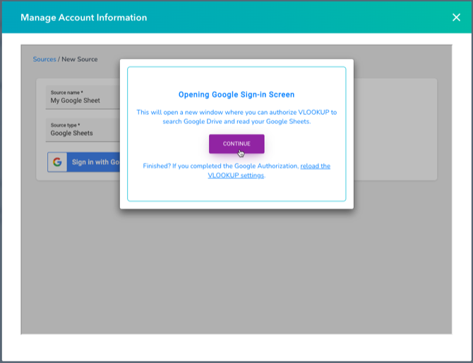 the VLOOKUP notice that a new page will open to connect to Google