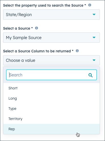 the action’s column picker listing the source’s column headers