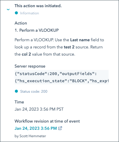 the expanded initiated step showing VLOOKUP’s BLOCK response