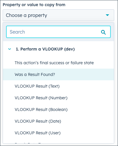 the list of Perform a VLOOKUP outputs available to a later workflow step