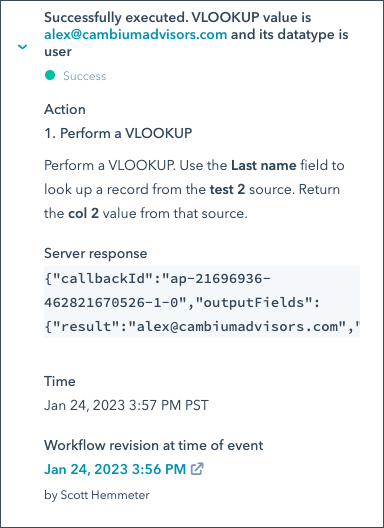 the expanded result step showing a successful VLOOKUP and its response