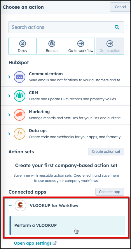 the workflow action list with Perform a VLOOKUP under VLOOKUP for Workflow