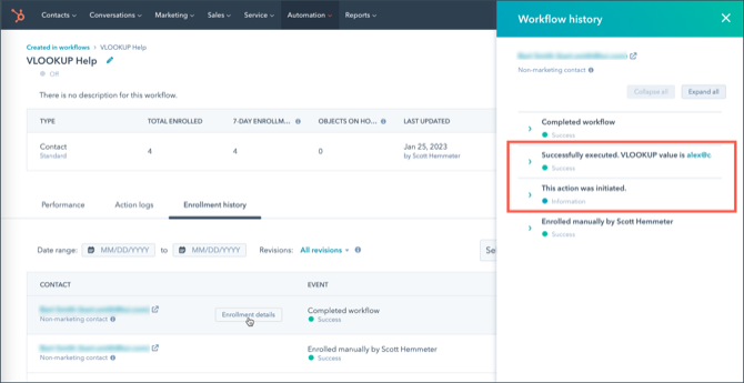 a workflow’s enrollment history with the enrollment details sidebar showing two VLOOKUP steps