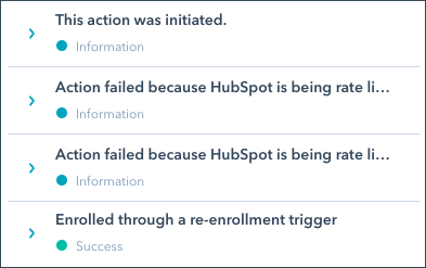 a workflow history step reading Action failed because HubSpot is being rate limited